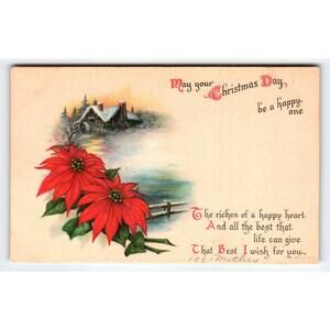 Vintage Christmas Postcard Poinsettias with Winter Cabin Scene
